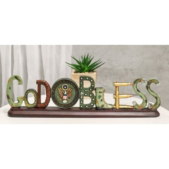 US Army Military Eagle Emblem Bullets And Camo Boots God Bless Word Art Plaque