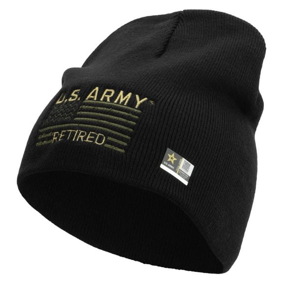 US Army Retired Flag Embroidered 8 Inch Knitted Short Beanie - Black OSFM