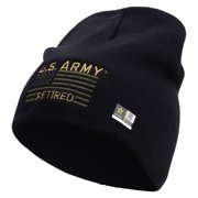 US Army Retired Flag Embroidered 8 Inch Knitted Short Beanie - Navy OSFM