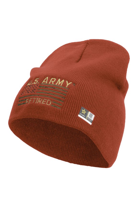 US Army Retired Flag Embroidered 8 Inch Knitted Short Beanie - Red OSFM