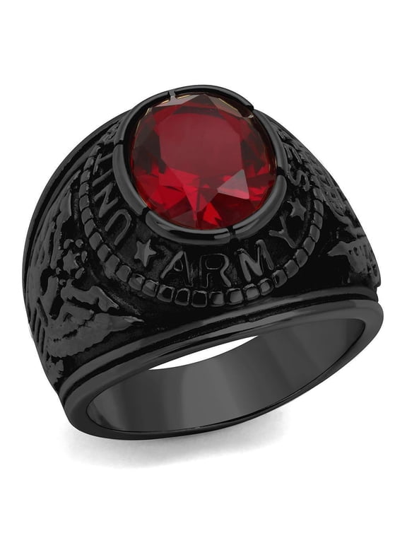 US Army Ring for Men and Women Unisex Stainless Steel Military Patriotic Ring in Black with Red Stone Rock