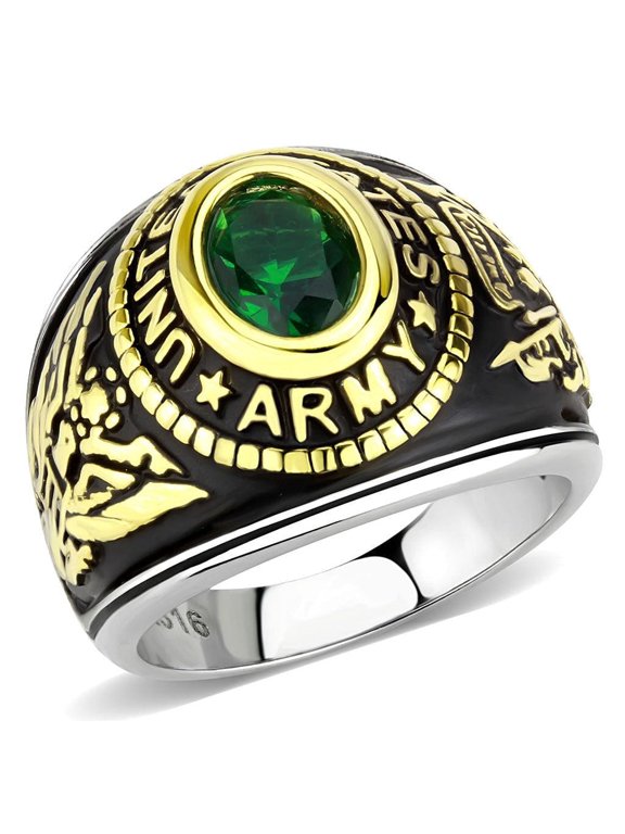 US Army Ring for Men and Women Unisex Stainless Steel Military Patriotic Ring in Gold with Green Stone