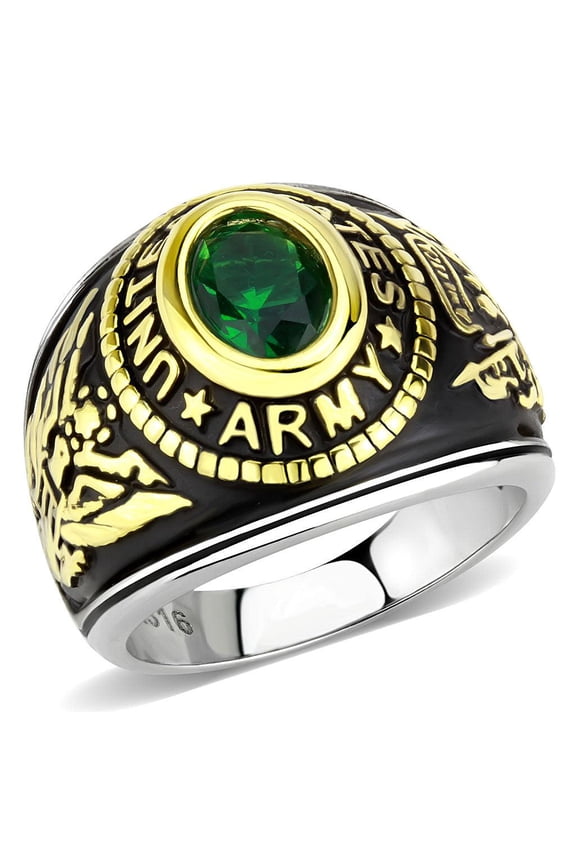 US Army Ring for Men and Women Unisex Stainless Steel Military Patriotic Ring in Gold with Green Stone