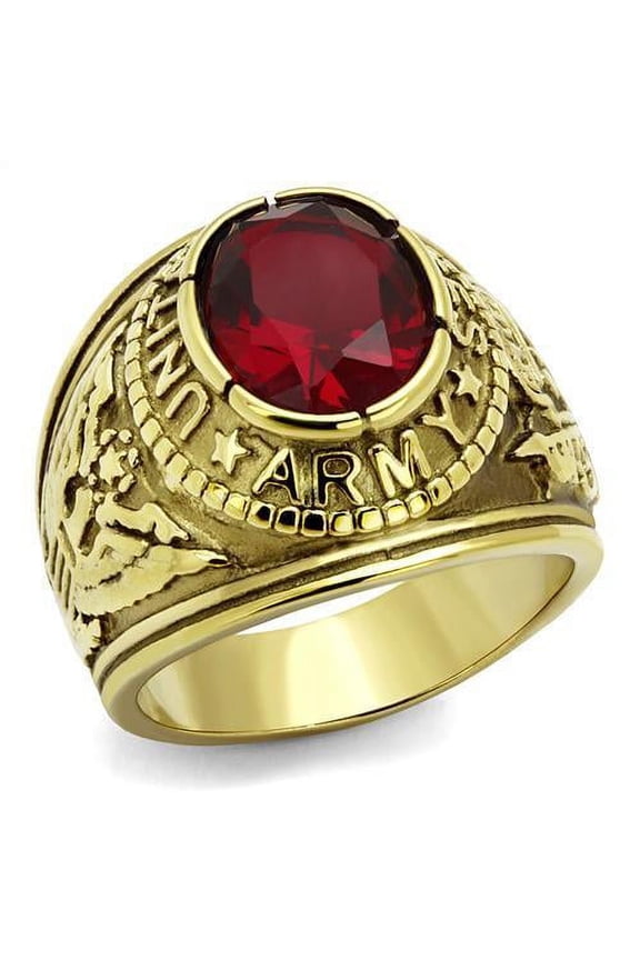 US Army Ring for Men and Women Unisex Stainless Steel Military Patriotic Ring in Gold with Red Stone Rock