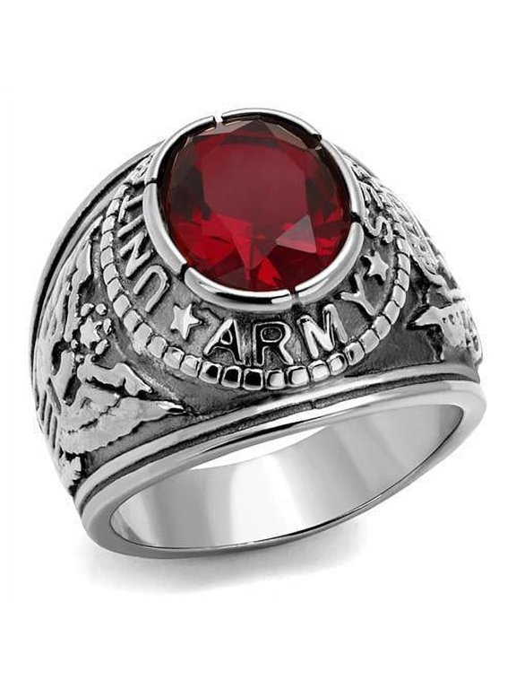 US Army Ring for Men and Women Unisex Stainless Steel Military Patriotic Ring in Silver with Red Stone