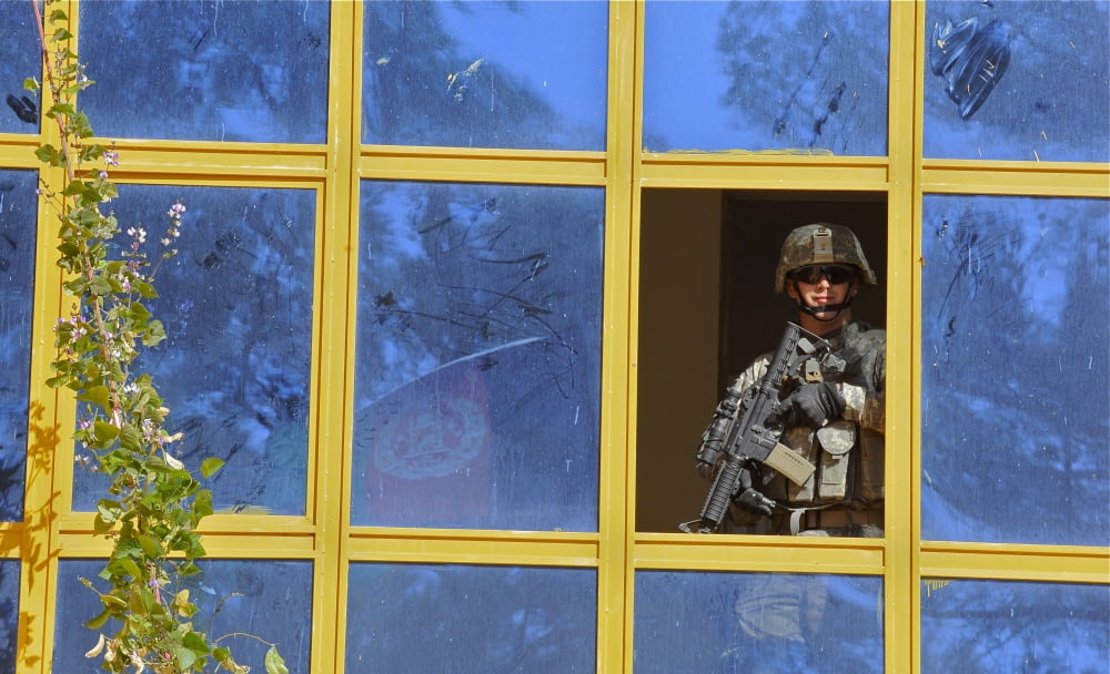 US Army Soldier provides security from a building in Afghanistan Canvas Art - Stocktrek Images (37 x 22)