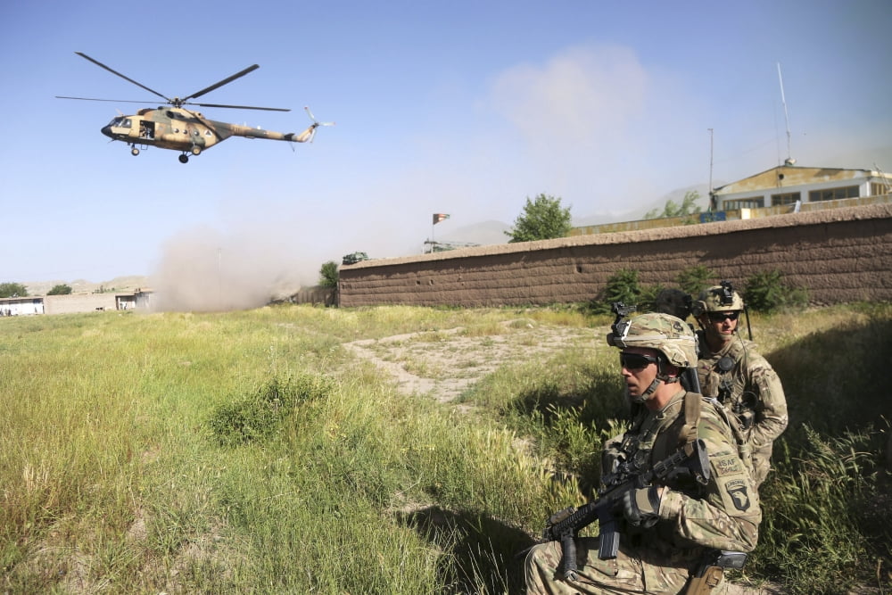 US Army Soldiers secure a landing zone for Afghan Air Force Mi-17s Canvas Art - Stocktrek Images (35 x 23)