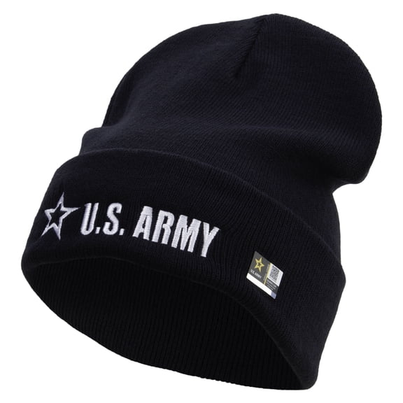 US Army Star Embroidered 12 Inch Long Knitted Beanie - Navy OSFM