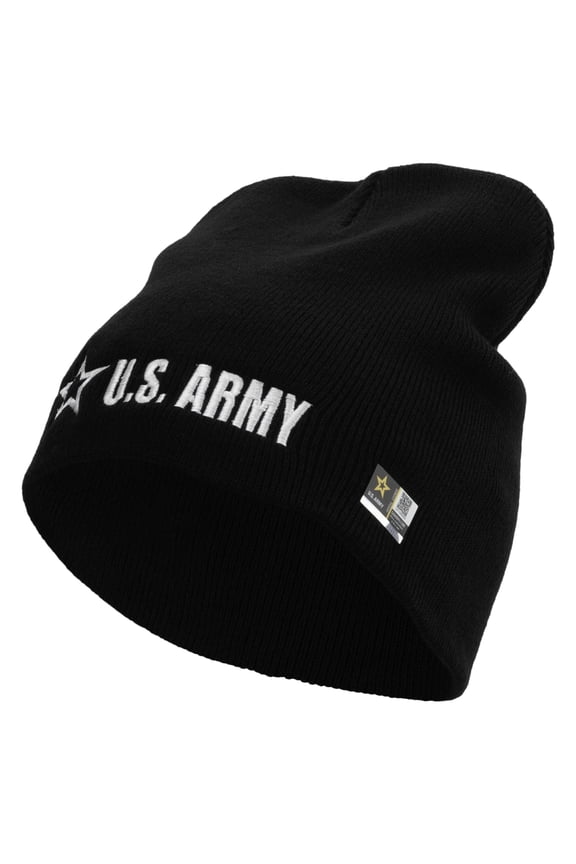 US Army Star Embroidered 8 Inch Knitted Short Beanie - Black OSFM