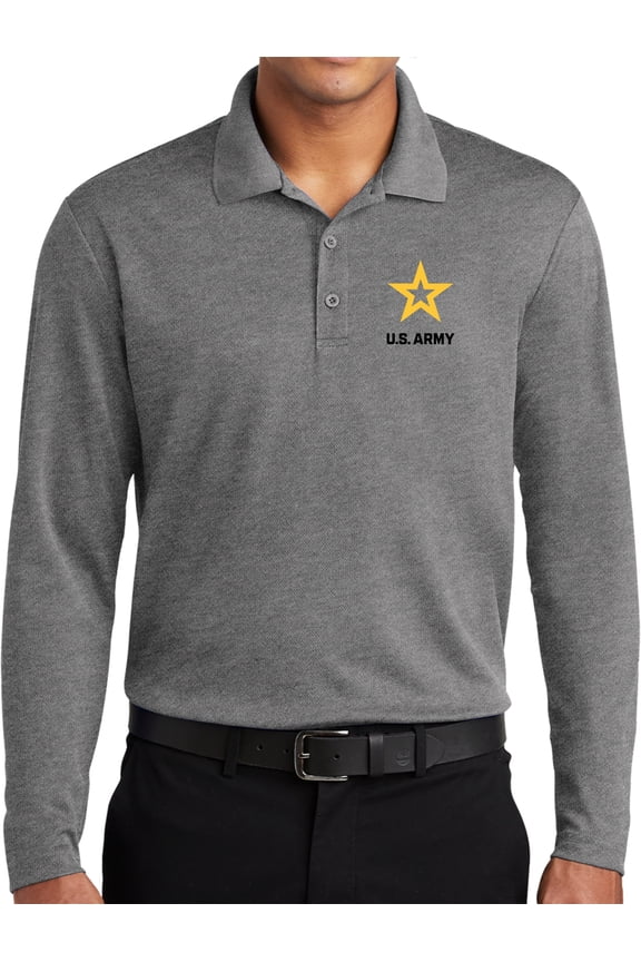 US Army Star Logo Black Chest Print Long Sleeve Moisture Wicking Polo Shirt, Large Grey