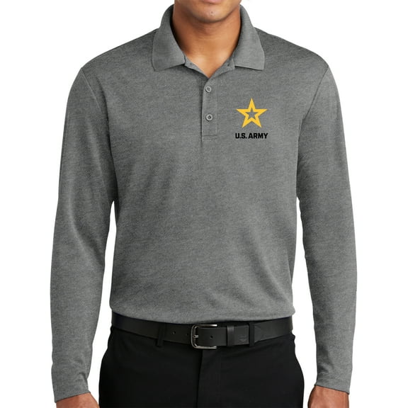 US Army Star Logo Black Chest Print Long Sleeve Moisture Wicking Polo Shirt, Small Grey