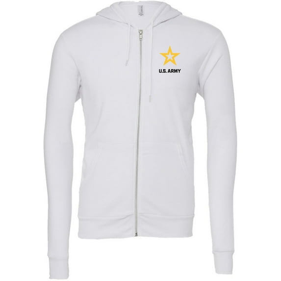 US Army Star Logo Black Chest Print Premium Full Zip Hoodie, Large White