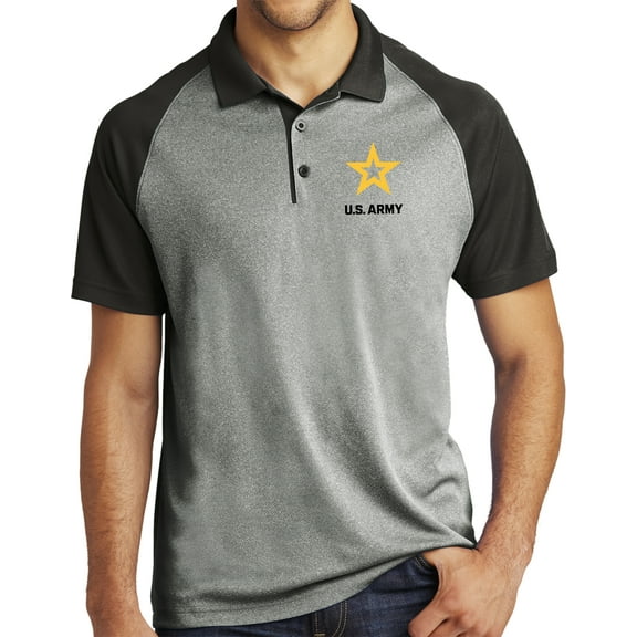 US Army Star Logo Black Chest Print Raglan Polo Shirt, 3XL Grey/Black