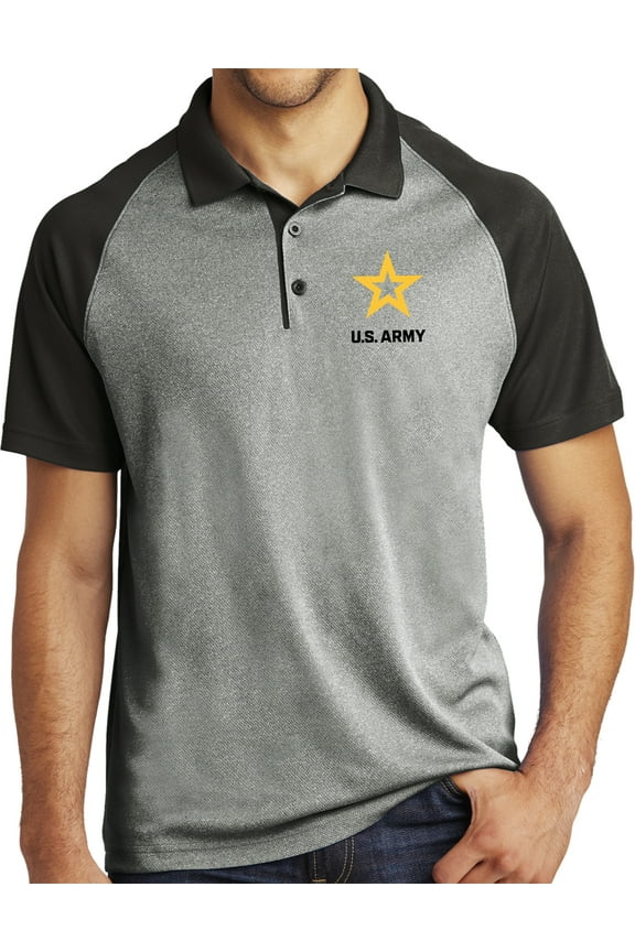 US Army Star Logo Black Chest Print Raglan Polo Shirt, 3XL Grey/Black