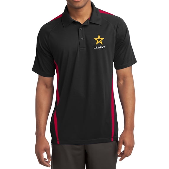 US Army Star Logo White Chest Print Colorblock Polo Shirt, Small Black/Red