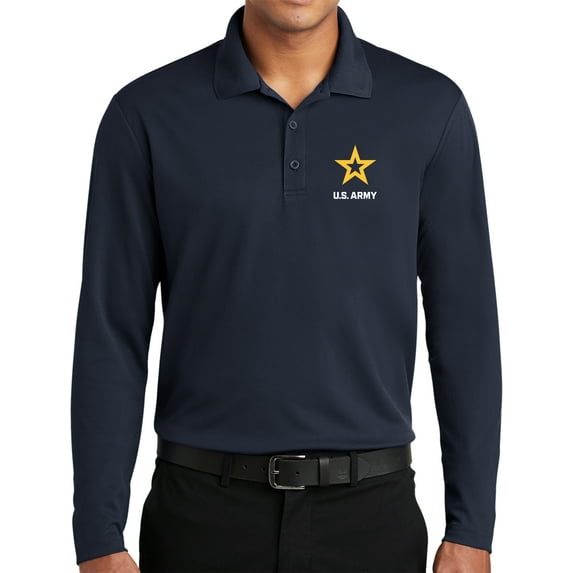 US Army Star Logo White Chest Print Long Sleeve Moisture Wicking Polo Shirt, Small Navy