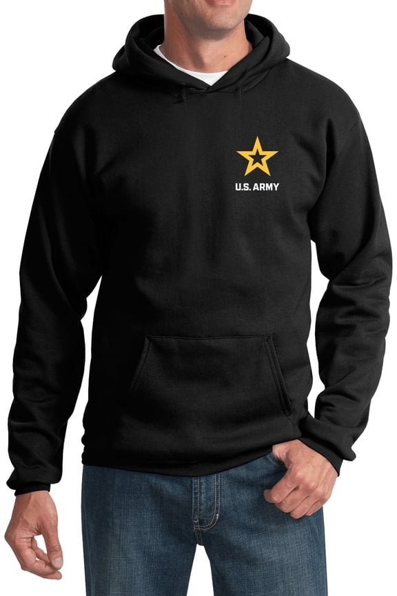 US Army Star Logo White Chest Print Pullover Hoodie, Medium Black