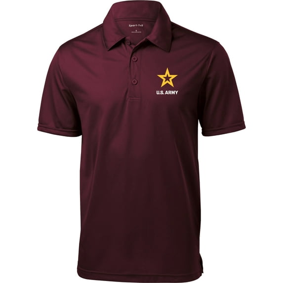 US Army Star Logo White Chest Print Textured Polo Shirt, Small Maroon
