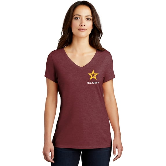 US Army Star Logo White Chest Print Womens Tri Blend V-neck T-Shirt, Large Maroon