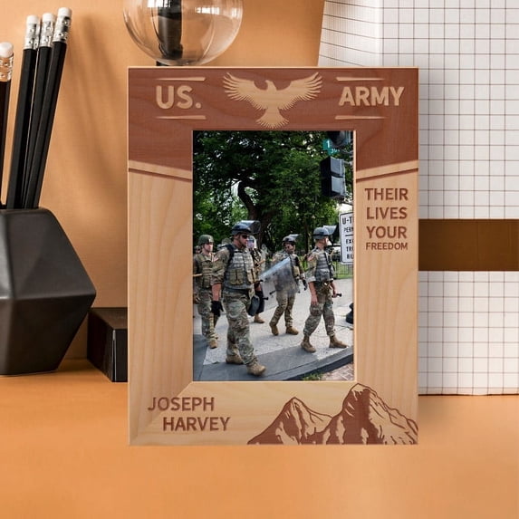 US Army Their Lives Your Freedom Personalized Wooden Frame 4" x 6" Brown (Vertical)
