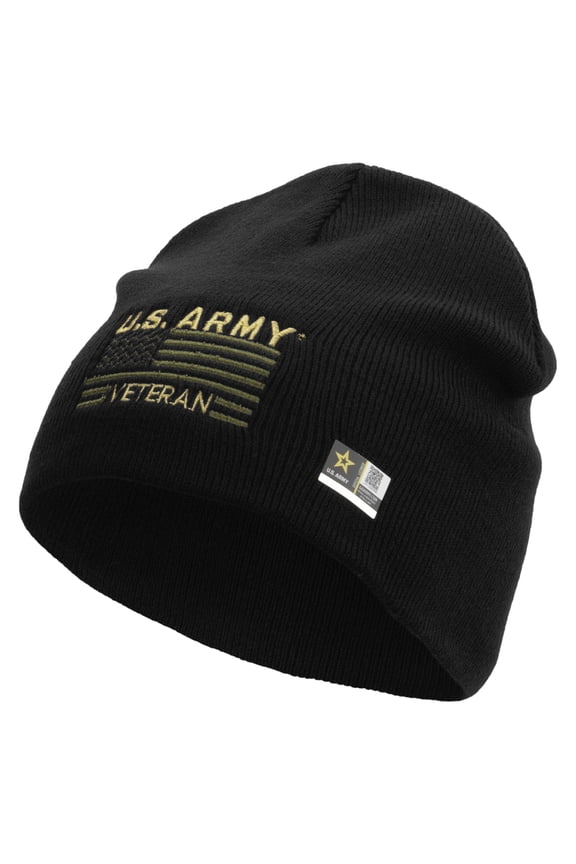 US Army Veteran Flag Embroidered 8 Inch Knitted Short Beanie - Black OSFM