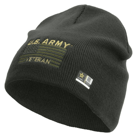 US Army Veteran Flag Embroidered 8 Inch Knitted Short Beanie - DK Grey OSFM