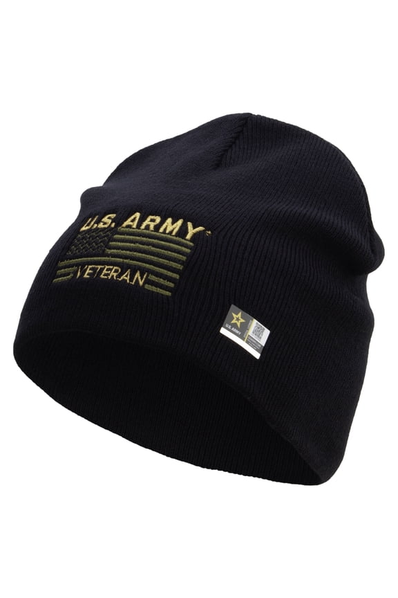 US Army Veteran Flag Embroidered 8 Inch Knitted Short Beanie - Navy OSFM