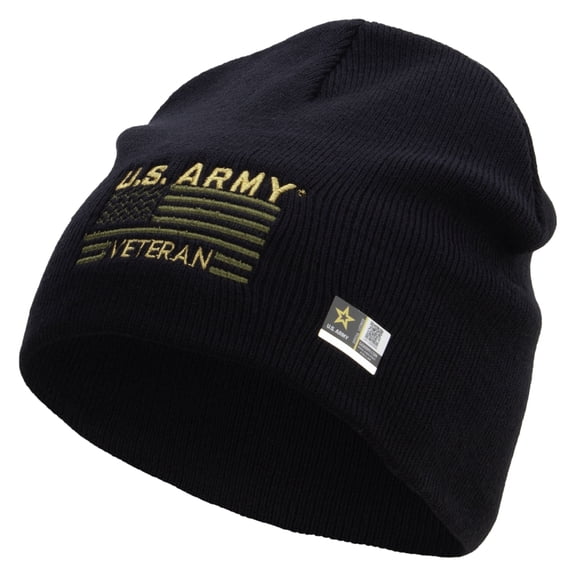 US Army Veteran Flag Embroidered 8 Inch Knitted Short Beanie - Navy OSFM
