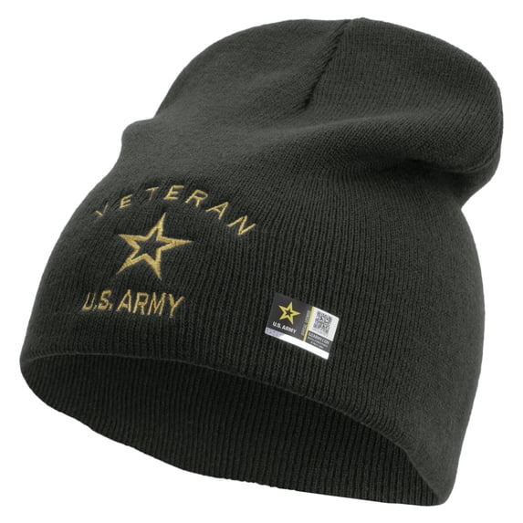 US Army Veteran Military Embroidered 8 Inch Knitted Short Beanie - Dk Grey OSFM