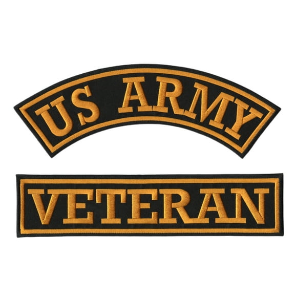 US Army Veteran Rocker Patches 12" | Gold Military Vet Patch Top Bottom Rockers Embroidered for Motorcycle Jacket Large Iron On 2 pc. Set - by Nixon Thread Co.