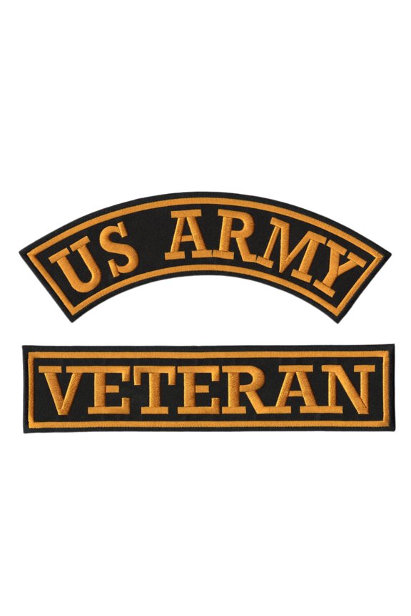 US Army Veteran Rocker Patches 12" | Gold Military Vet Patch Top Bottom Rockers Embroidered for Motorcycle Jacket Large Iron On 2 pc. Set - by Nixon Thread Co.