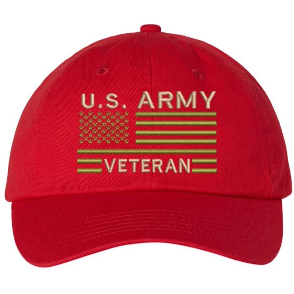 US Army Veteran USA Flag Embroidered Dad Hat Unstructured USA Army Military Vet Adjustable Baseball Cap (Red)