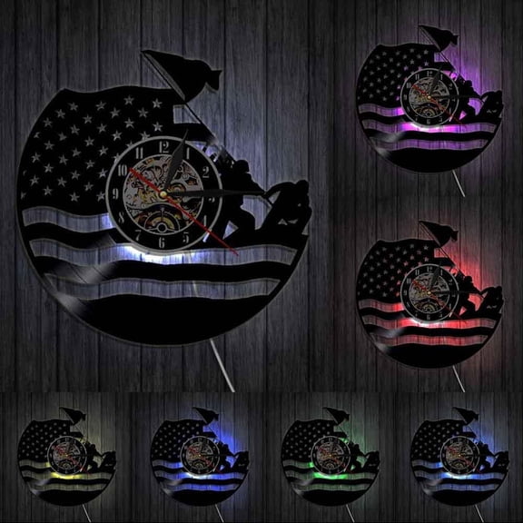 US Army Vinyl Record Wall Clock Coast Guard American Flag Navy Marines Vintage Veteran Decorative Clock Military Retirement Gift With LED