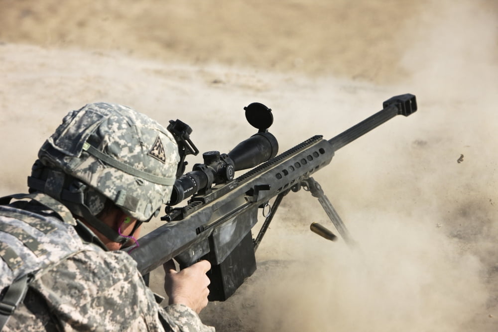 US Army soldier fires a Barrett M82A1 rifle on a firing range Canvas Art - Terry MooreStocktrek Images (35 x 24)