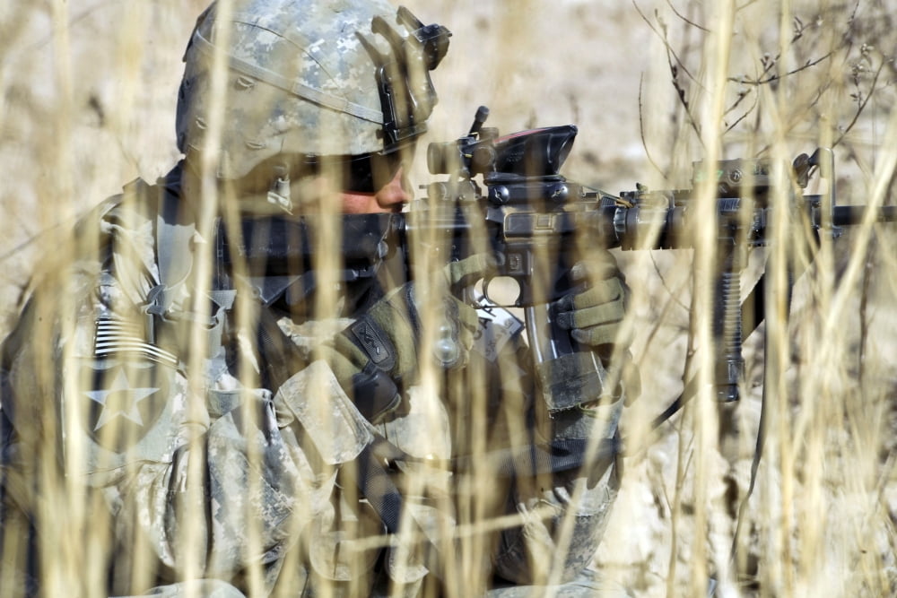 US Army soldier provides security during a dismounted patrol in Afghanistan Canvas Art - Stocktrek Images (34 x 23)