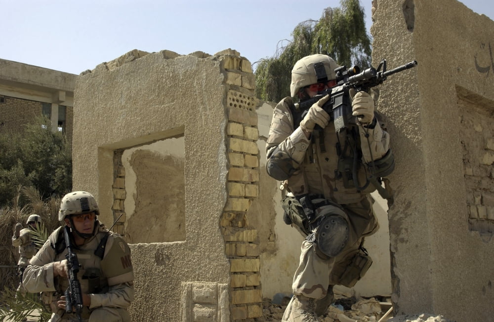 US Army soldiers reacting to small arms fire in Al Madain Baghdad Iraq Canvas Art - Stocktrek Images (35 x 23)