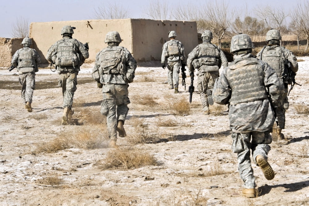US Army soldiers respond to a small arms attack in Badula Qulp Afghanistan Canvas Art - Stocktrek Images (34 x 23)