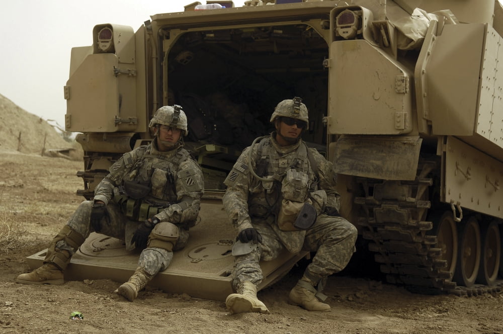 US Army soldiers waiting at Patrol Base Cashe Iraq Canvas Art - Stocktrek Images (34 x 23)