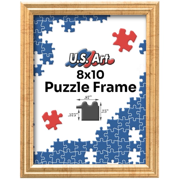 US Art 8x10 Antique Gold Puzzle Frame .75" Inch Wide - Handmade Solid Wood Picture Frames with Preinstalled Hangers and UV Blocking Plexiglass Frames