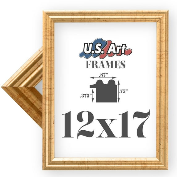 US Art Frames 12x17 Traditional Style Antique Gold Thin .75 Inch Wide, Solid Wood, Wall Decor Picture Poster Photo Frame