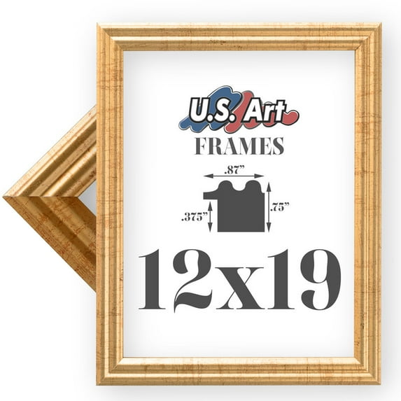 US Art Frames 12x19 Traditional Style Antique Gold Thin .75 Inch Wide, Solid Wood, Wall Decor Picture Poster Photo Frame