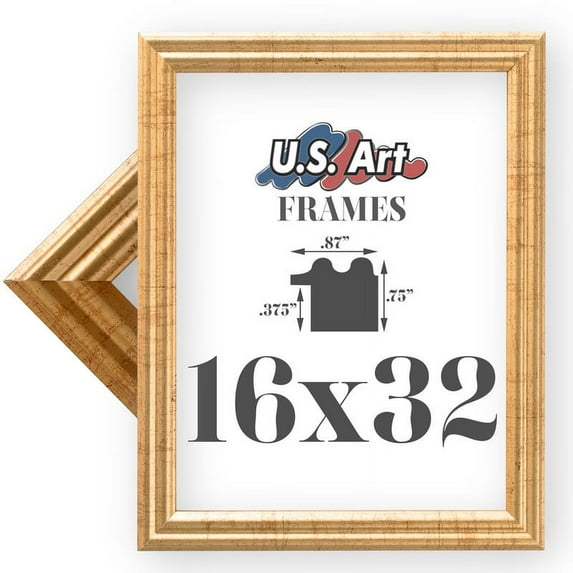 US Art Frames 16x32 Traditional Style Antique Gold Thin .75 Inch Wide, Solid Wood, Wall Decor Picture Poster Photo Frame