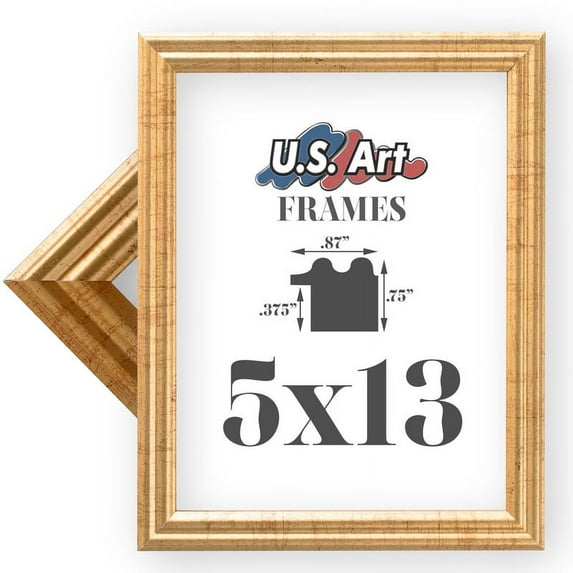 US Art Frames 5x13 Traditional Style Antique Gold Thin .75 Inch Wide, Solid Wood, Wall Decor Picture Poster Photo Frame