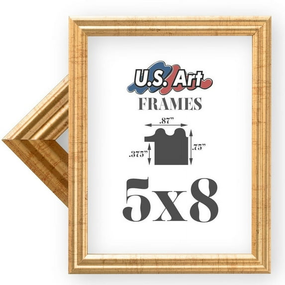 US Art Frames 5x8 Traditional Style Antique Gold Thin .75 Inch Wide, Solid Wood, Wall Decor Picture Poster Photo Frame