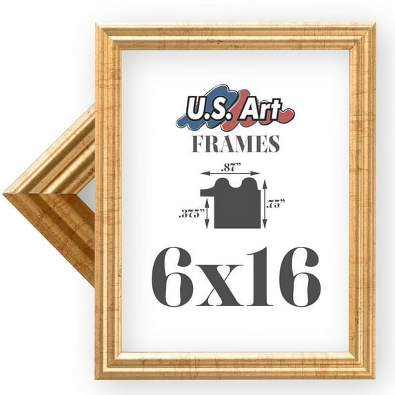 US Art Frames 6x16 Traditional Style Antique Gold Thin .75 Inch Wide, Solid Wood, Wall Decor Picture Poster Photo Frame