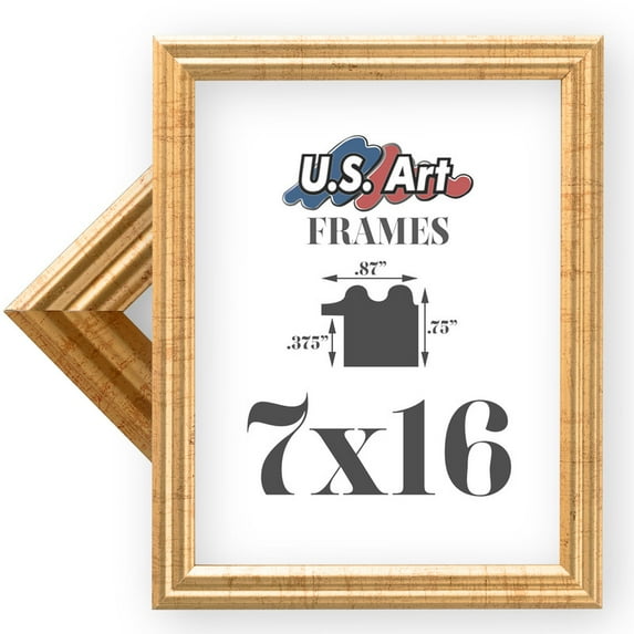 US Art Frames 7x16 Traditional Style Antique Gold Thin .75 Inch Wide, Solid Wood, Wall Decor Picture Poster Photo Frame