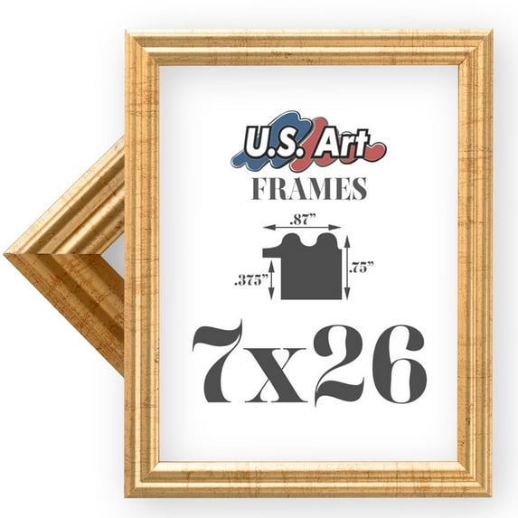 US Art Frames 7x26 Traditional Style Antique Gold Thin .75 Inch Wide, Solid Wood, Wall Decor Picture Poster Photo Frame