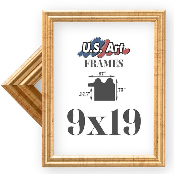 US Art Frames 9x19 Traditional Style Antique Gold Thin .75 Inch Wide, Solid Wood, Wall Decor Picture Poster Photo Frame