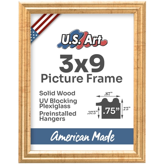 US Art Frames Antique Gold 3x9 Picture Frame .75" Wide - Preinstalled Hangers and UV Blocking Plexiglass, 100% USA Made