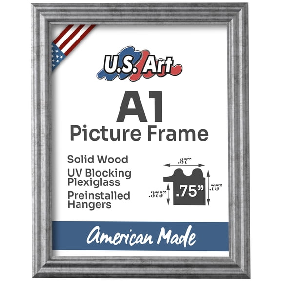 US Art Frames Antique Silver A1 Picture Frame .75" Wide - Preinstalled Hangers and UV Blocking Plexiglass, 100% USA Made